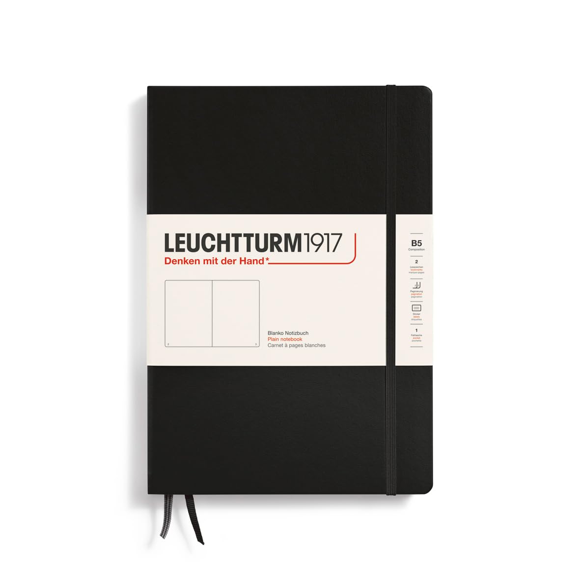 LEUCHTTURM1917 366183 Notebook Composition (B5), Hardcover, 219 Numbered Pages, Black, Plain