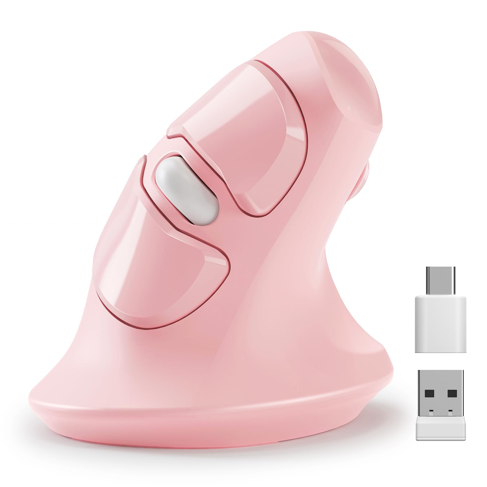 MicroPack Ergonomic Vertical Wireless Mouse, Silent Cordless Office Mouse with USB-A & Type-C Receiver, 800/1200/1600 DPI, 6 Buttons, Reduces Wrist Strain for Work, Windows, Mac, PC & Laptop Pink