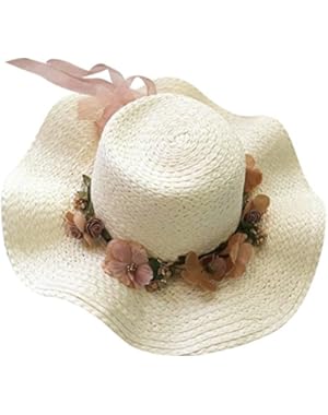 Beach Hat for Women Girls Floppy Hat Cap Flower Bowknot Sun Hats Beige