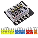 VETOMILE 10-way Fuse Box Blade Fuse Block Holder Screw Nut Terminal 5A 10A 15A 20A Free Fuses LED Indicator Waterpoof Cover for Automotive Car Marine Boat