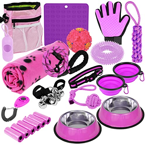 Puppy Starter Kit Supplies, Accessories, 23 pc Set with Feeding Bowls, Lick Mat, Teaching Aids