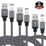 EverDigi 3Pack 3FT 6FT 10FT 8 Pin Lightning to USB Cable Cord Charger, Nylon Braided USB Sync & Charging Cords for iPhone 7/7 Plus/6s/6s Plus/6/6 Plus/5s/5c/5/SE, iPad/iPod (Black)