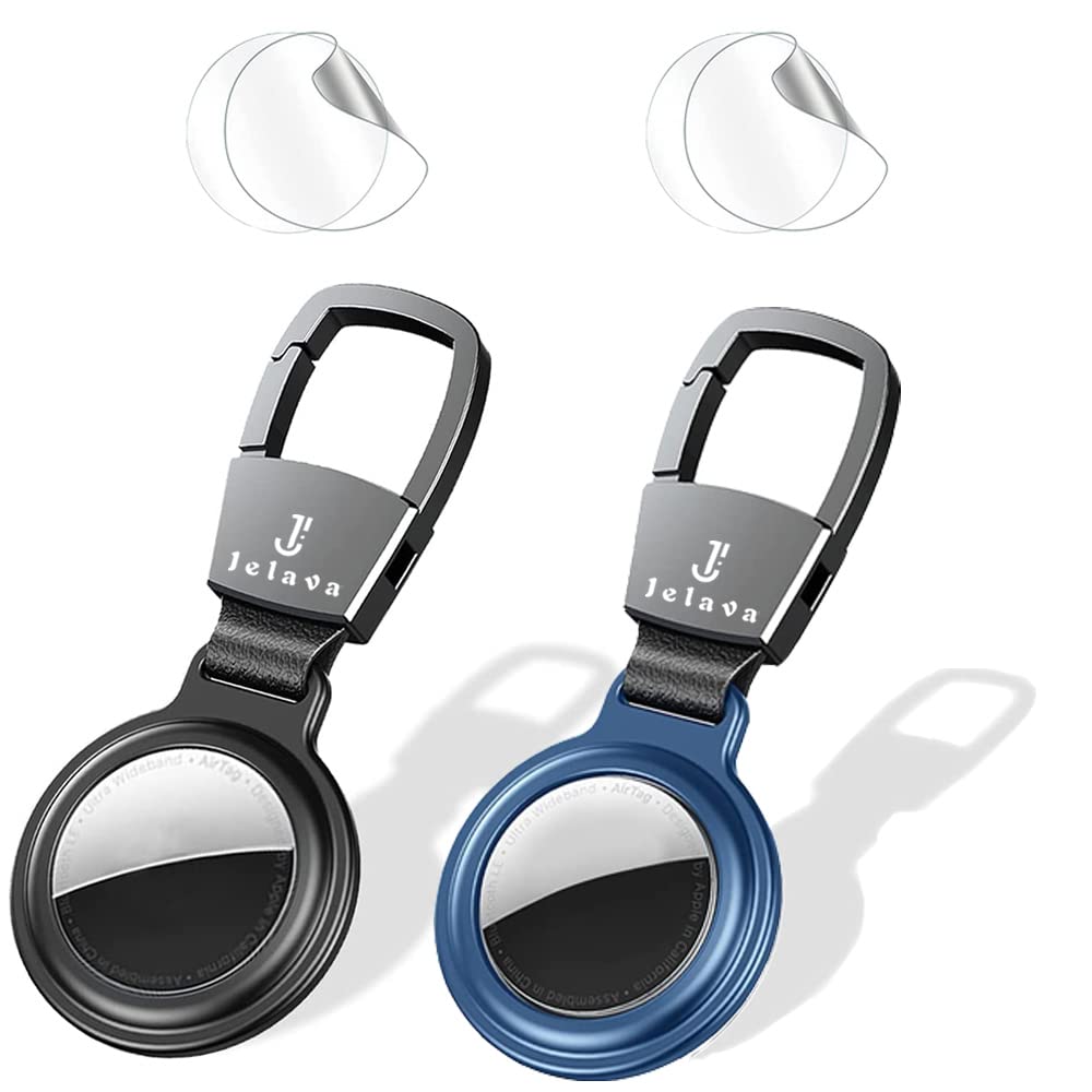 Jelava® Keyring 2 Pack for Airtag, Holder with Carabiner for Apple Air Tag, Magnetic Case Design by Aluminum Alloy, Air Tag for Dog/Cat Collar, Car/House Keys, Luggage(Black+Blue)