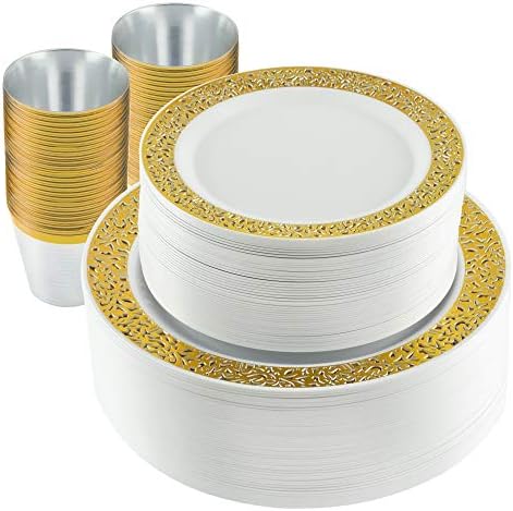 150 Pc Elegant Gold Lace Plastic Dinnerware Set | Bundle of 10.25" Plates + 7.5" Plates + 9oz Cups | High-End Disposable Party Supplies for Weddings, Housewarming, Graduation & Parties
