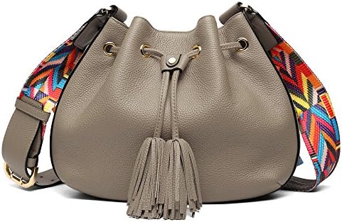 Women Bucket Bags, Cowhide Genuine Leather Retro Shoulder Bags Purse Crossbody Ladies Tote Bags with Tassels
