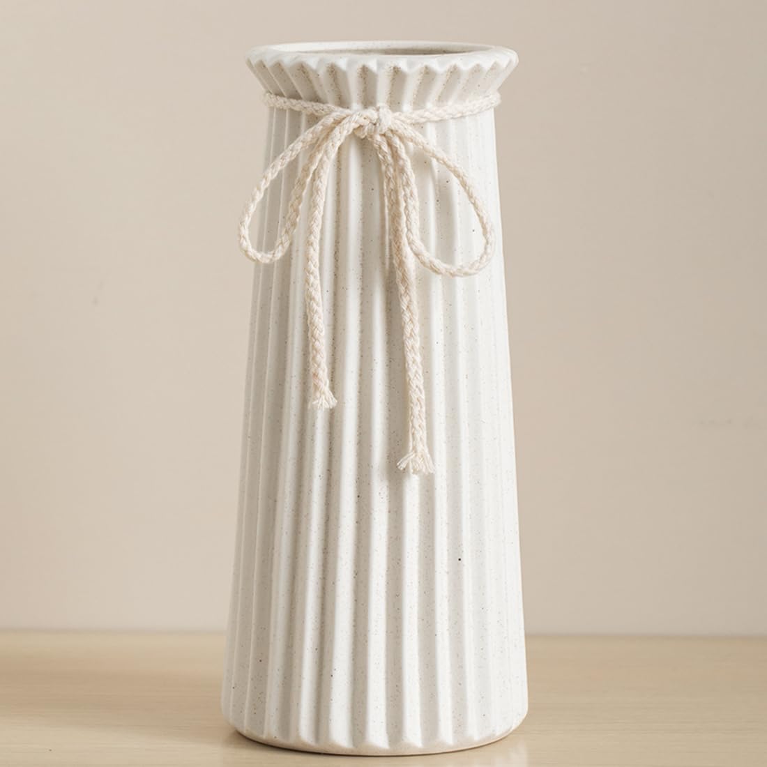 White Ceramic Vase for Flowers and Pampas Grass - 10 Inch Ribbed Decorative Table Vase in Modern Nordic Rustic Style for Home Decor and Centerpieces