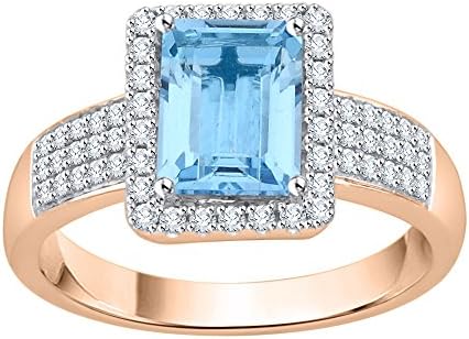Diamond and Emerald Cut Blue Topaz Halo Ring in 14K Rose Gold (1 1/10 cttw) (JK-Color, SI2/I1-Clarity) (Size-4)