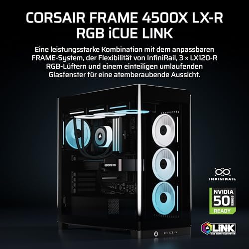 Frame 4500X LX-R RGB LINK Panoramaglas Mid-Tower-PC-Gehäuse – InfiniRail Lüftermontagesystem, Passend für Zwei 360 mm Radiatoren, GPU Anti-Sag, Enthält 3X LX120R RGB LINK Lüfter – Schwarz