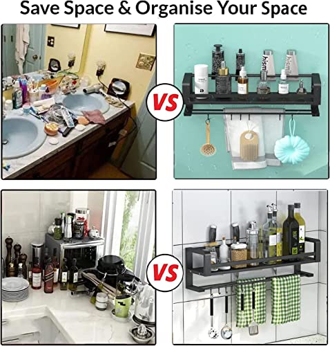 Spice Rack Organizer Wall Mounted 2 Tier, Floating Shelves Black, Wall Shelf for Bedroom, Wall Decor, Living Room, Kitchen Storage, Bathroom Shelves Over Toilet with Towel Rack Guardrail Holder Hook