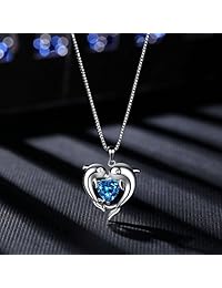 Collar de plata de ley con colgante de doble delfín con circonita azul claro, joyería para mujeres, chica, 18.0 in