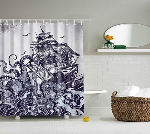 ABxinyoule Octopus Sail Boat Shower Curtain Waterproof Fabric with Hook Bathroom Decor
