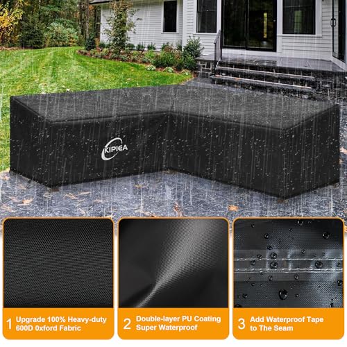 Kipiea 600D V-Shape Outdoor Patio Furniture Covers Waterproof, Outdoor Sectional Cover Windproof, Patio Sectional Sofa Cover Anti-UV, No Tears & No Fading (89"/89"L x 33.5"D x 31"H) Black