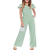 Haloumoning Girls Jumpsuit Kids Fashion Ruffle Cap Sleeve Wide Leg Rompers One Piece Outfits with Pockets