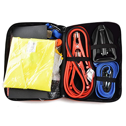 SlimK Car Emergency Kit Roadside Safety Kit with Jumper Cables Folding Shovel,Heavy Duty Tow Rope,Safety Hammer Window breaker,Tie Down Straps Ratchet,Ice Scraper