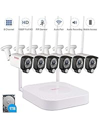 Tonton 1080P Sistema de cámara de seguridad inalámbrica Full HD, grabadora NVR de 8 canales con disco duro de 2 TB y 4 cámaras de bala impermeables de 1080P 2.0 MP para interiores y exteriores con sensor PIR, grabación de audio y visión nocturna clara