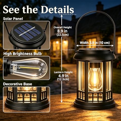 yowin Solar Lantern Outdoor Garden 2 Pieces Solar Hanging Lamp with LED Bulb, IP44 Waterproof Solar Table Lamp Outdoor Light for Balcony, Terrace, Garden Decoration