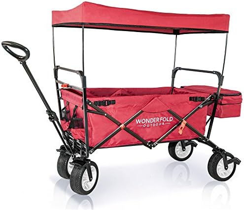 WonderFold Outdoor Premium Model Collapsible Folding Wagon With Canopy, One Pedal Brakes, Wide EVA Tires, and Sturdy Stand (Ruby Red)