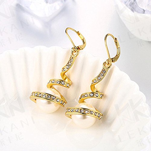 Gyoume Women's Earrings Pearl Studded Spiral Design Zircon Hoop Drop Earrings Jewelry Party Earring (Gold)