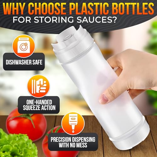 Set of 6 Inverted Condiment Squeeze Bottles 16 oz – Upgraded Design with Added Sealing Gaskets, Self-Closing Valve, Easy-to-Fill Clear Bottles for Sauces, Dressings, Ketchup, Mustard for Everyday Use
