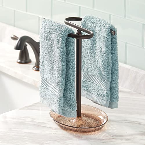 mDesign Steel Fingertip Towel Rack Stand with Base Tray Towel Holder Bar for Bathroom, Powder