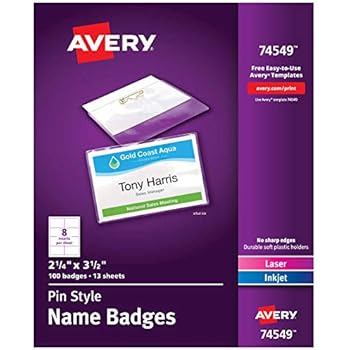 Avery Pin Style Name Badges, Print or Write, 2-1/4