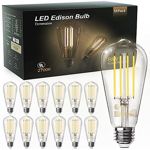 TJOY 12 Pack Edison LED Light Bulbs, E26 Base, 8W 2700K, Dimmable