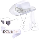 Bride Cowgirl Hat with Veil & Sash & White Heart Glasses - Bride Cowboy Hat Nashville Bachelorette Party Hats - Bridal Shower Last Rodeo Country Wedding Decoration Supplies