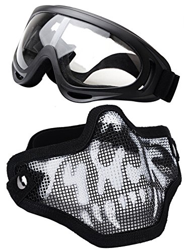 Coxeer Airsoft Mask Tactical Half Face Mask Steel Mesh Mask and Goggles Set