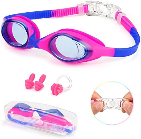 Kungber Kids Swimming Goggles, 2018 New Upgrade No Leaking, Anti-fog, UV Protection, 3D memory silicone 180° Panoramic Vision Childrens Swimming Goggles for Kids Children Junior Youth