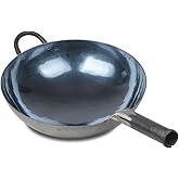 臻三环 ZhenSanHuan Chinese Hand Hammered Iron Woks and Stir Fry Pans, Non-stick, No Coating, Carbon Steel Pow (36CM, BlueBlack Seasoned with help handle)