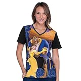 Tooniforms By Cherokee Women's V-Neck Knit Panel Beauty And The Beast Print Scrub Top Large Print