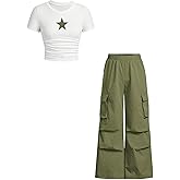 BekeBig Girl's 2 Piece Outfits Short Sleeve T-Shirt and Flap Pocket Cargo Pants Set Kid Pants Clothing Set for 13-16Y