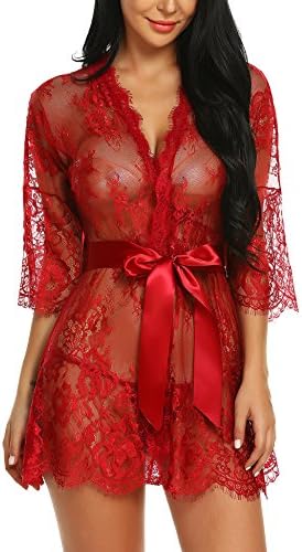 Avrilove Women's Kimono Eyelash Lace Robe Babydoll Lingerie Mesh Chemise Nightdress Nightgown