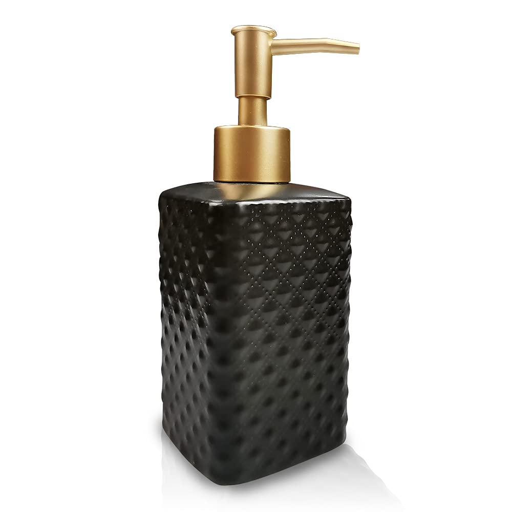 Gold Soap Dispenser, Ceramic Lotion Pump Bottle with Refined and Vintage Emboss, Home Decoration for Bathroom or Kitchen (Black)