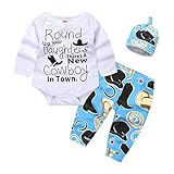 Mikrdoo Newborn Baby Boy Clothes Set Long Sleeve Romper Tops + Pants Leggings + Hat 3Pcs Cowboy Outfits (0-6 Months, Blue)