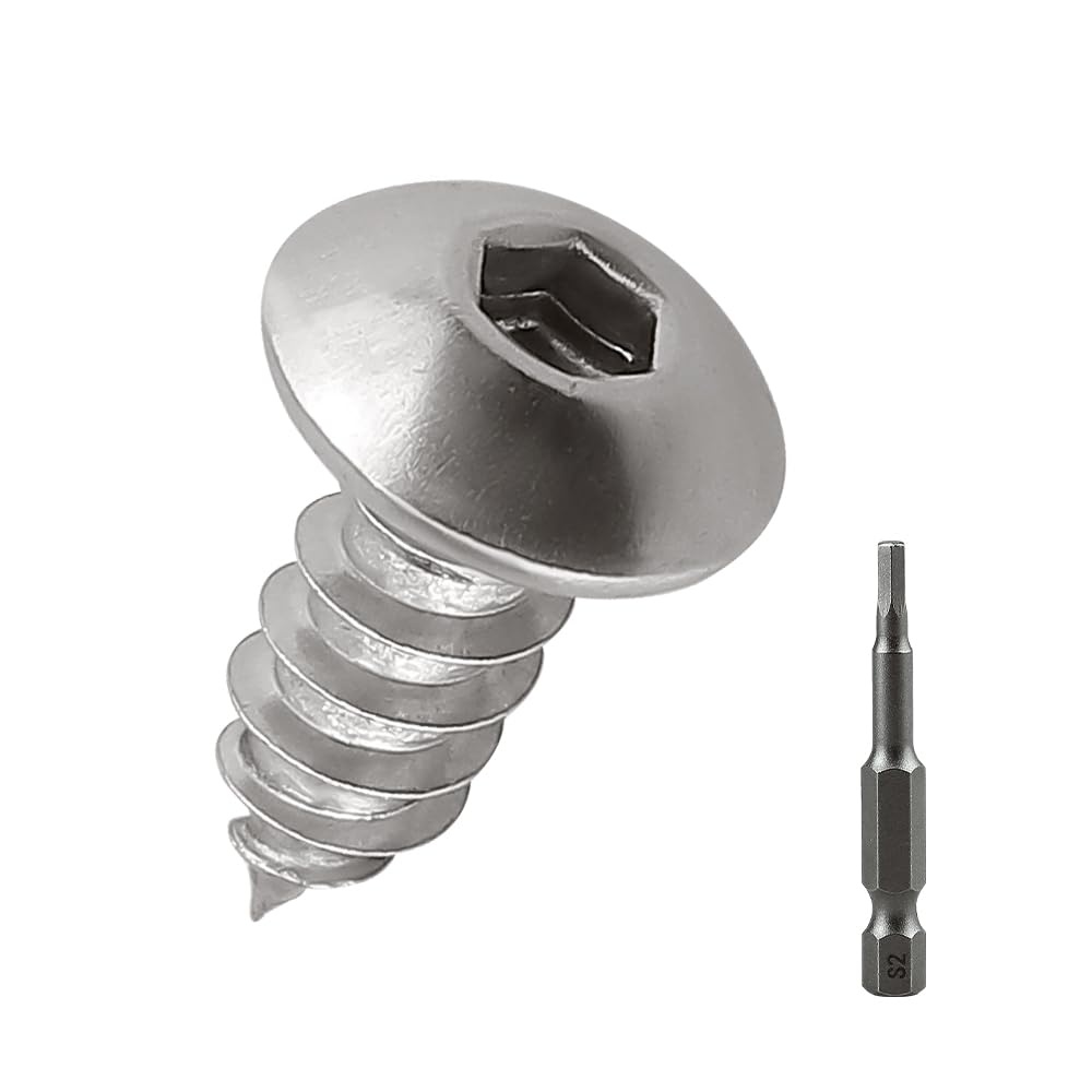 Photo 1 of 100-pack M5 x 10mm Button Head Socket Cap Sheet Metal Screws, 304 Stainless Steel 18-8 Self Tapping Screws for Metal & Wood & Plastic, Socket Bit Included