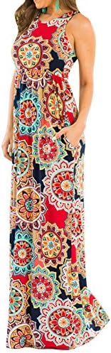 TBONTB Maxi Dresses for Women Floral Sleeveless Long Dresses with Pockets Small Element Red