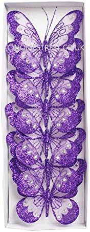 Pack Of 6 Diamante Glitter Butterflies With Clips By Homestreet - Quality 14cm Butterfly Decoration (Purple)