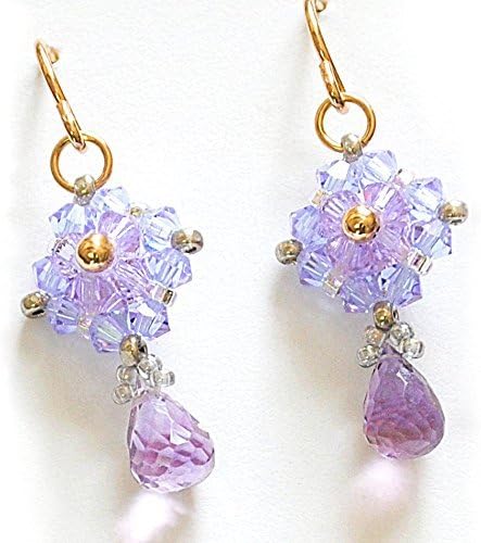 Natural Amethyst Briolette Earrings with Swarovski Crystal Accents, Handcrafted in 14K Gold Filled