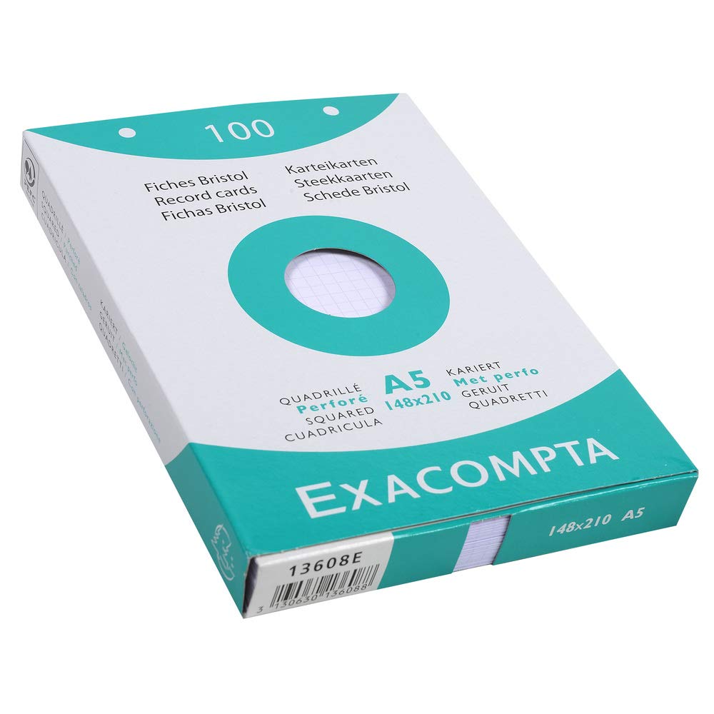 Exacompta - Ref 13608E - Bristol Squared Record Cards (Pack of 100) - A5 in Size, 205gsm Card, Compatible with Printers - Suitable for Exam Revision & Notes - White