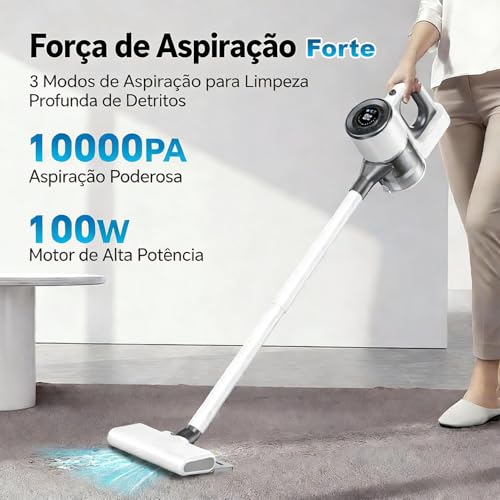 Aspirador de Pó Vertical Sem Fio, 100W, Branco e Cinza, 40000 RPM, LED, 50min Autonomia, 10000Pa Sucção, 3 Velocidades, 0.75L