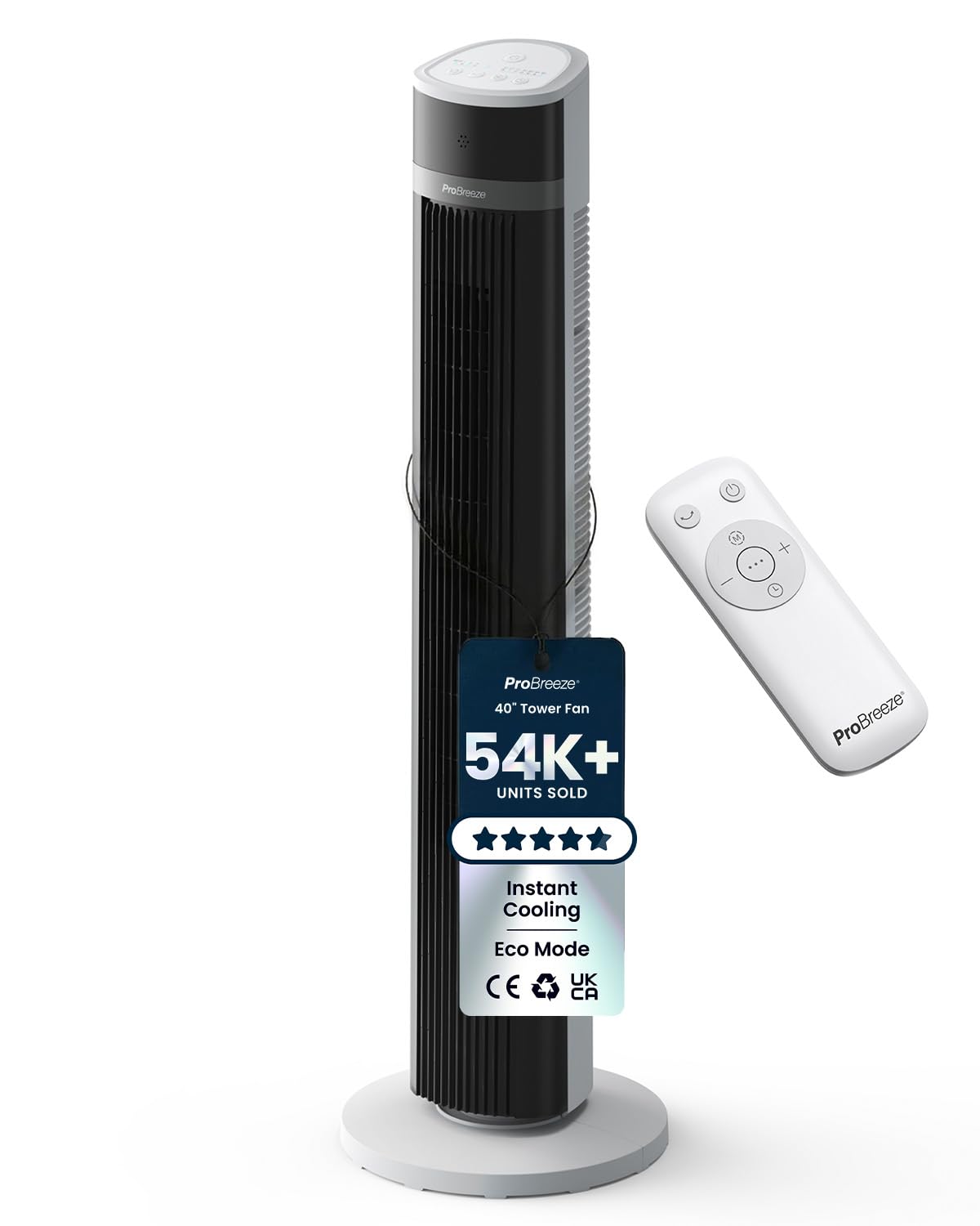 Pro Breeze 40-Inch Bladeless Tower Fan with Remote Control, Quiet 45W Motor, 90° Oscillation, 15H Timer, 4 Modes, 3 Speeds – Powerful & Portable Silent Standing Cooling Fan for Bedroom, Home, Office