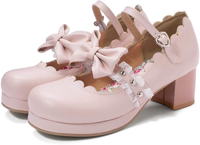 Amazon Wooyoo おでこシューズ 蝶結び パンプス 女の子 甲ストラップ 可愛い レディース ロリータ靴 大きいサイズ 5cmアップ 厚底 お姫様風 フリル 黒 コスプレ 歩きやすい スウィート系 防滑 ピンク ブラック Wooyoo バレエシューズ