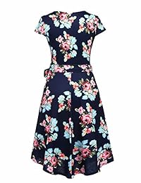 Ivicoer - Vestido de verano para mujer, talla grande, cuello en V, manga cruzada, estampado floral, con cinturón (L-4XL)