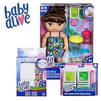 Baby Alive Sweet Spoonfuls Baby Brown Hair Doll, Bundle Exclusive, Powdered Food and Diaper Refill, Toy for Kids 3 Years Old and Up