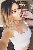 ATOZWIG Women's Black and Brown Ombre Bob Wig Short Straight Heat Resistant Synthetic Hair Wig