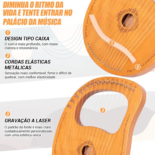 Harpa de Lira 16 Cordas em Madeira de Mogno com Bolsa, Cordas e Manual de Instruções