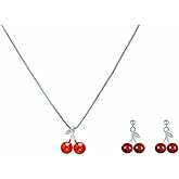 Red Cherry Fruit Crystal Necklace Earrings Personalized Sweet 3D Ruby Red Summer Tropical Fruits Chic Rhinestone Cubic Zirconia Gold Pendant Necklace for Women Boho Spring Fashion Jewelry Gifts