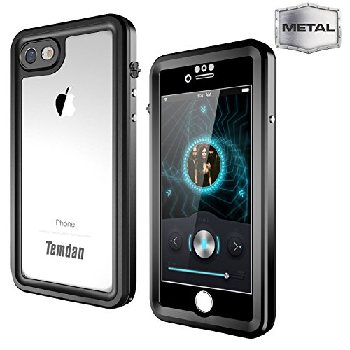 Temdan iPhone 7 / 8 Metal Waterproof Case with Kickstand Built in Screen Protector Full Body Metal Transparent Cover Shockproof Snowproof IP68 Waterproof Case for iPhone 7 (Metal black)