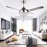 RainierLight Modern Crystal Ceiling Fan Lamp LED 3 Changing Light 4 Stainless Steel Blades with Remote Control for Living Room/Bedroom 44-Inch